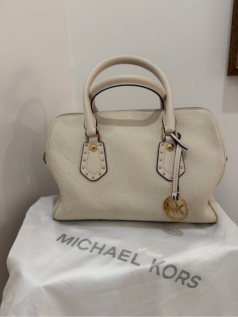 Michael Kors Ivory Pebbled Leather Satchel with Gold Charm
